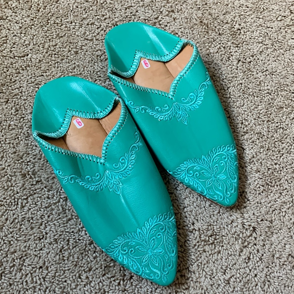 Genuine Morrocan turquoise embroidered slippers